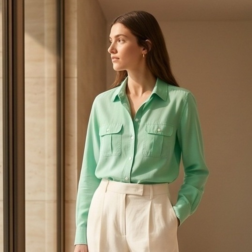 J. Crew 10 Womens Mint Green 100% Silk Button Down Utility Blouse Shirt